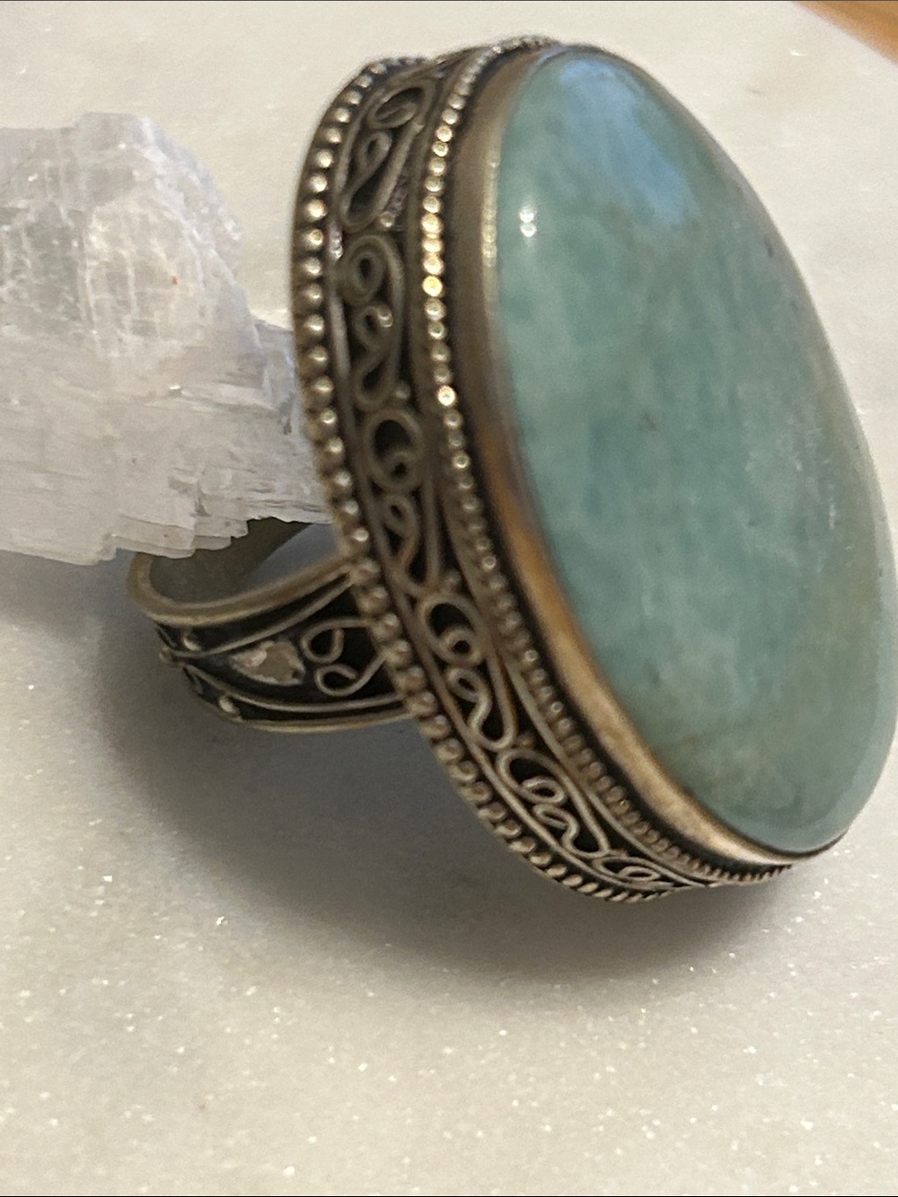 Silver Oval Statement Ring - Blue-Green Stone